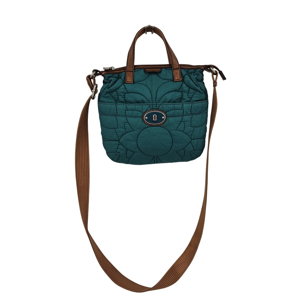 Fossil Key Per Crossbody Bag‎ Womens Teal Quilted Floral Small Tote Purse